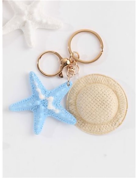 Porte-clés chapeau de plage avec étoile de mer