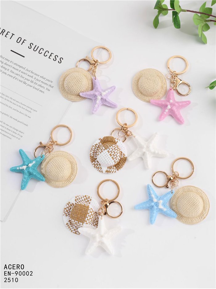 Porte-clés chapeau de plage avec étoile de mer