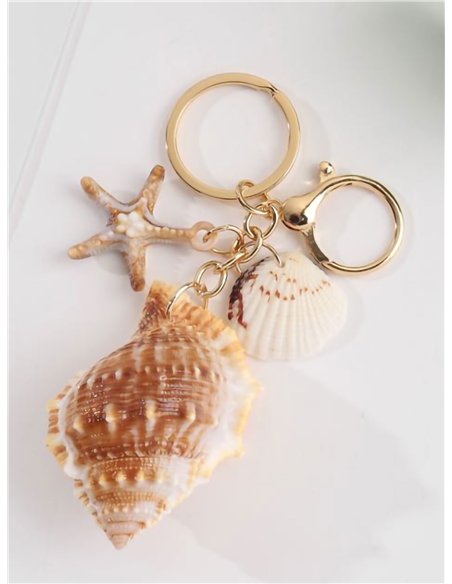 Porte-clés nautique avec coquillage, conque et étoile de mer à effet naturel