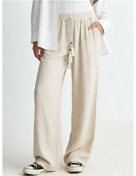Pantalon palazzo en lin avec cordon de serrage