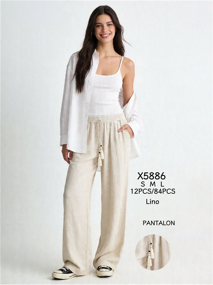 Pantalon palazzo en lin avec cordon de serrage