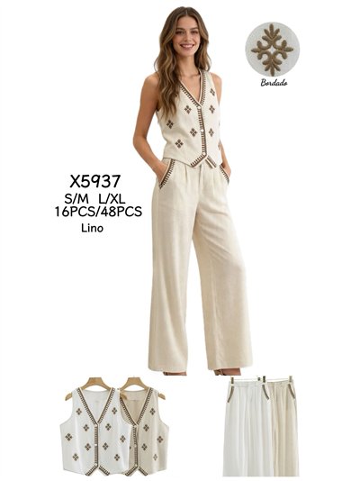 Conjunto lino chaleco bordado y pantalón 2