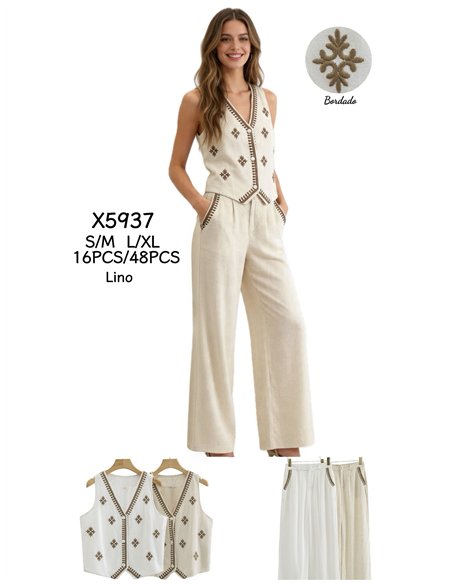 Conjunto lino chaleco bordado y pantalón