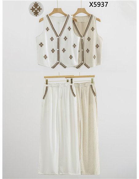 Conjunto lino chaleco bordado y pantalón