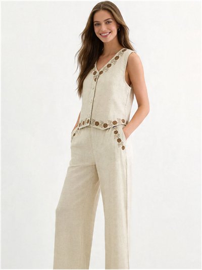 Conjunto lino chaleco bordado floral y pantalón