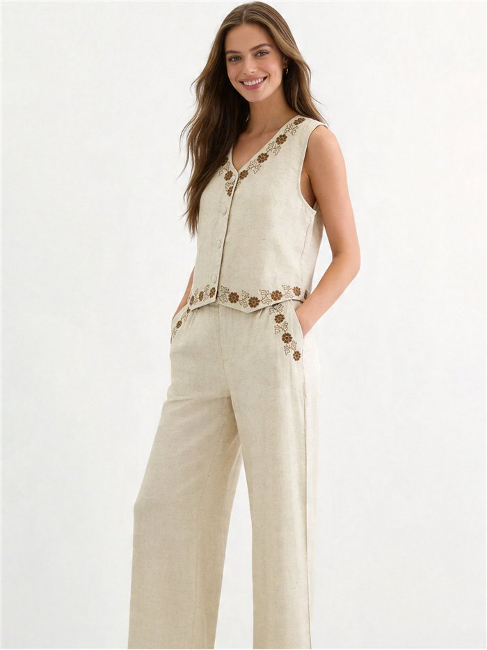 Conjunto lino chaleco bordado floral y pantalón