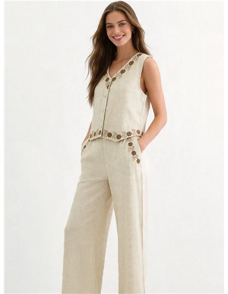Conjunto lino chaleco bordado floral y pantalón