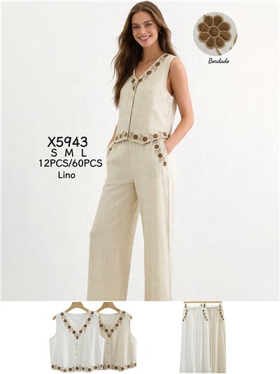 Conjunto lino chaleco bordado floral y pantalón 2
