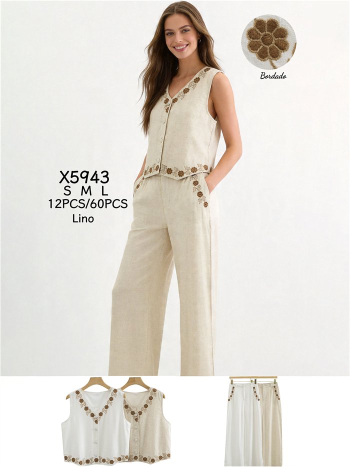 Conjunto lino chaleco bordado floral y pantalón