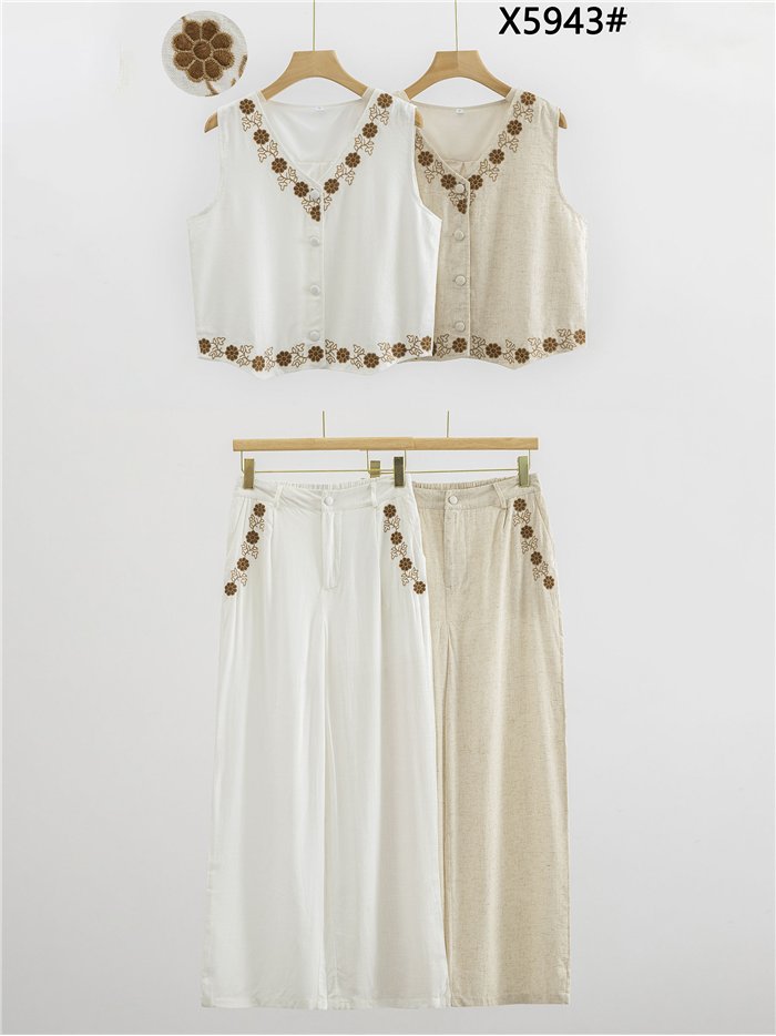 Conjunto lino chaleco bordado floral y pantalón