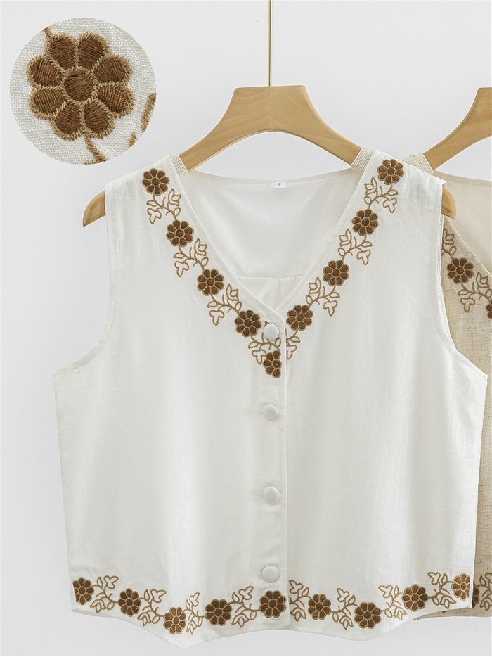 Conjunto lino chaleco bordado floral y pantalón