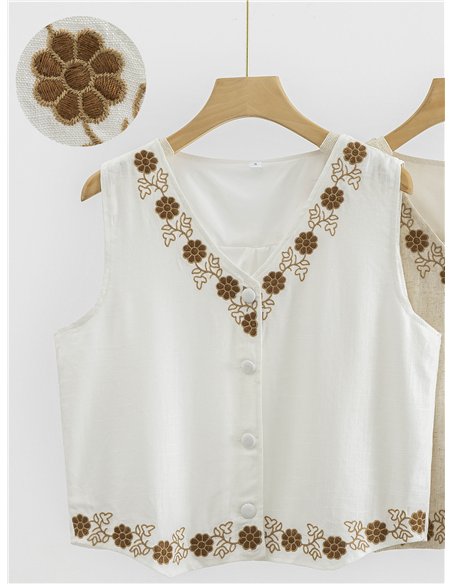 Conjunto lino chaleco bordado floral y pantalón