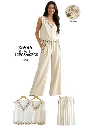 Conjunto lino chaleco bordado floral y pantalón 2