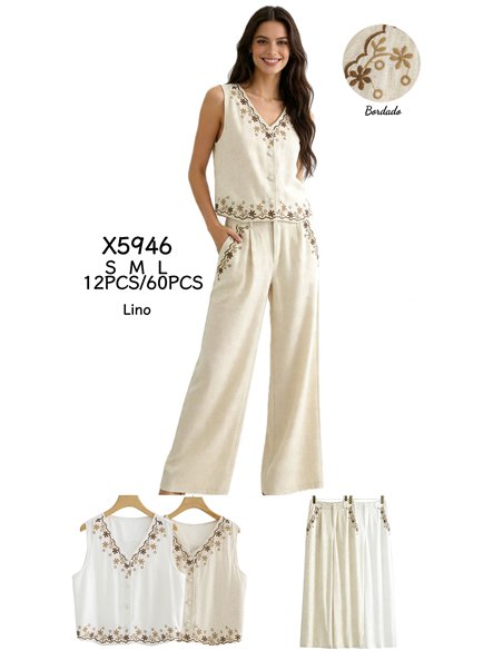Conjunto lino chaleco bordado floral y pantalón