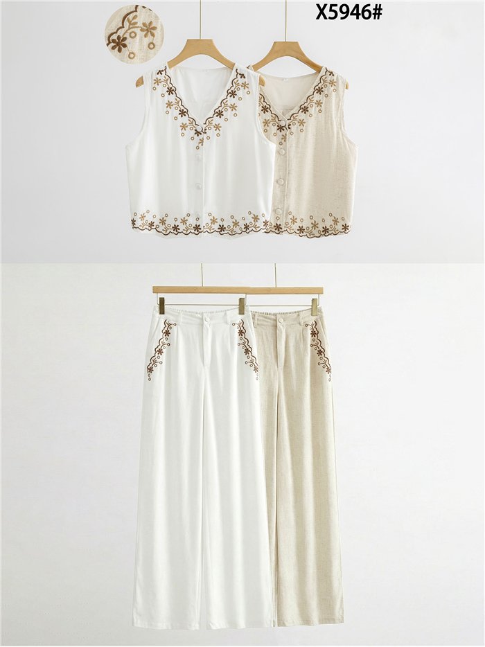 Conjunto lino chaleco bordado floral y pantalón