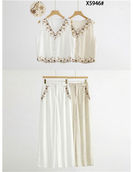 Conjunto lino chaleco bordado floral y pantalón