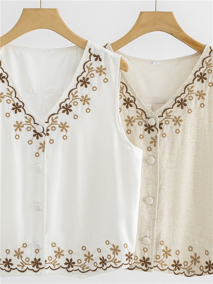 Conjunto lino chaleco bordado floral y pantalón