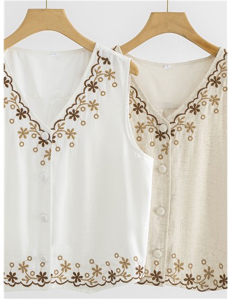 Conjunto lino chaleco bordado floral y pantalón