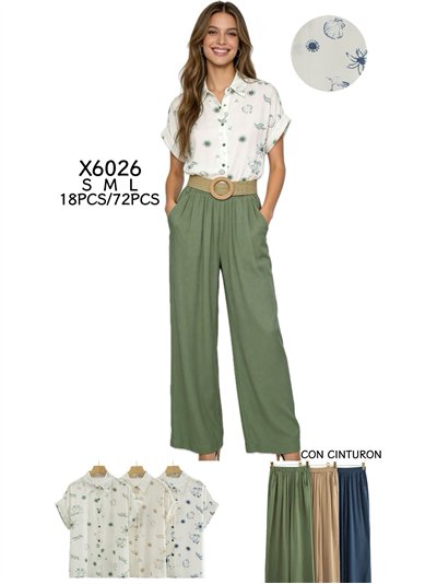 Conjunto camisa estampada y pantalón con cinturón efecto rafia 2