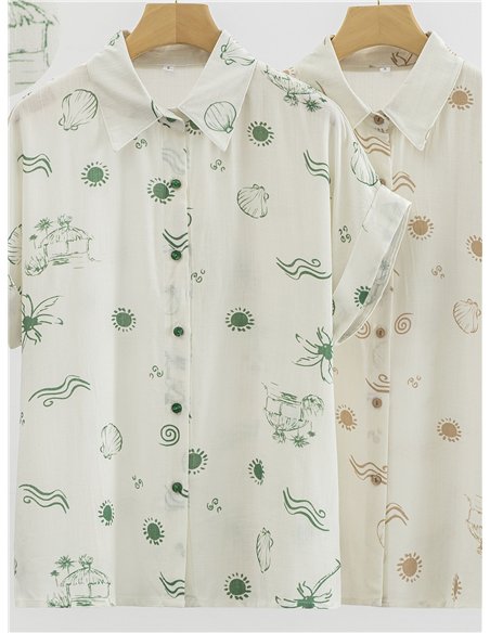 Conjunto camisa estampada y pantalón con cinturón efecto rafia