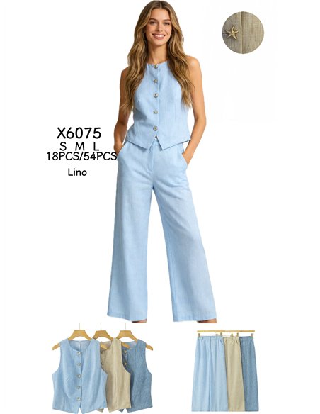Conjunto lino chaleco botones joya y pantalón