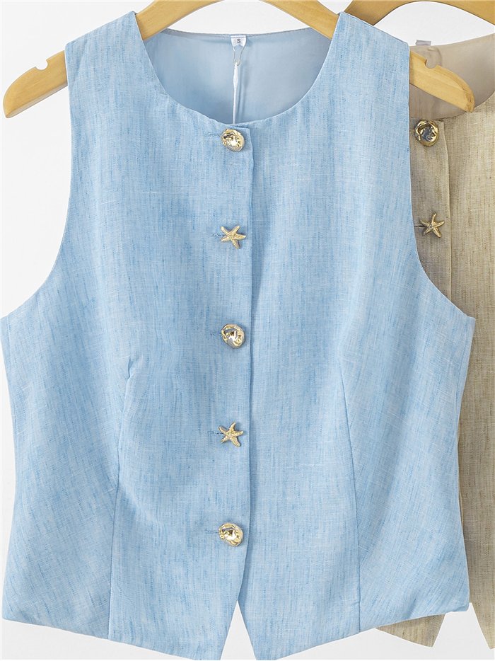 Conjunto lino chaleco botones joya y pantalón