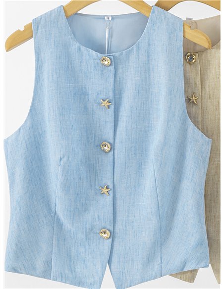 Conjunto lino chaleco botones joya y pantalón