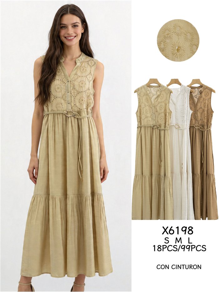 Embroidered midi dress with belt