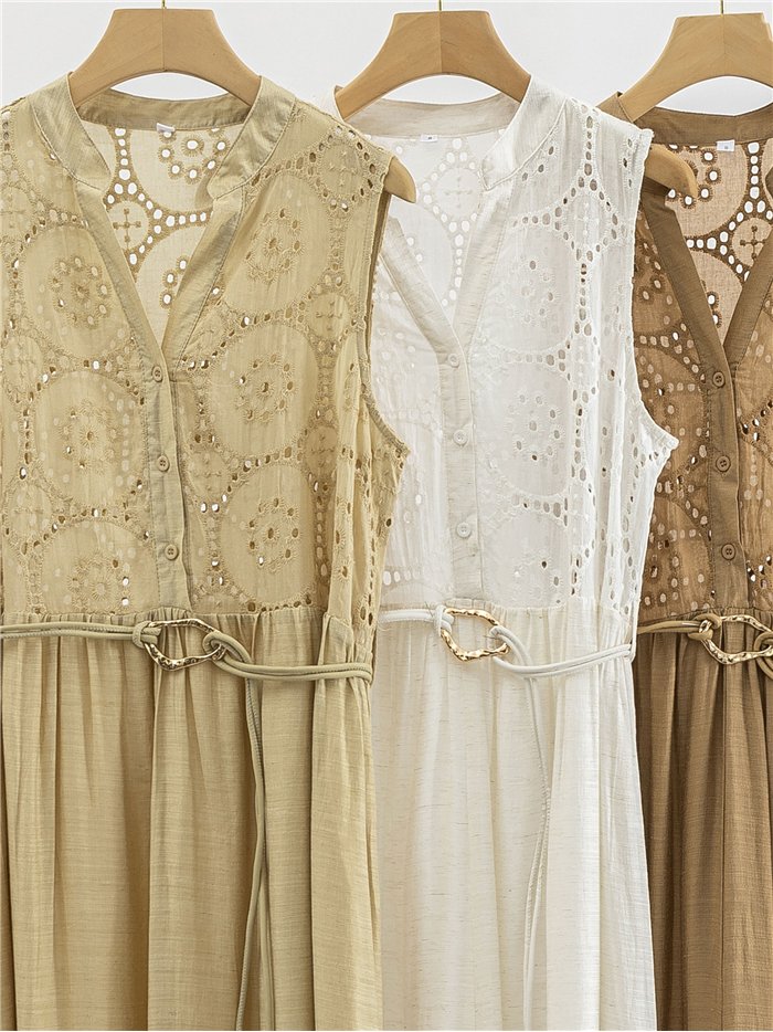 Embroidered midi dress with belt