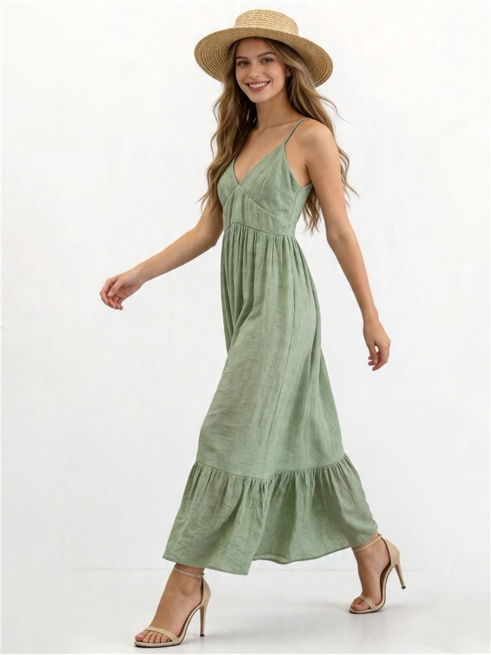 Vestido longo de alças finas com efeito amassado