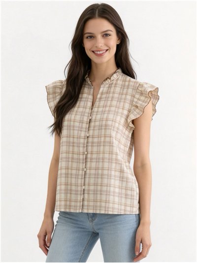 Checked ruffle sleeve blouse