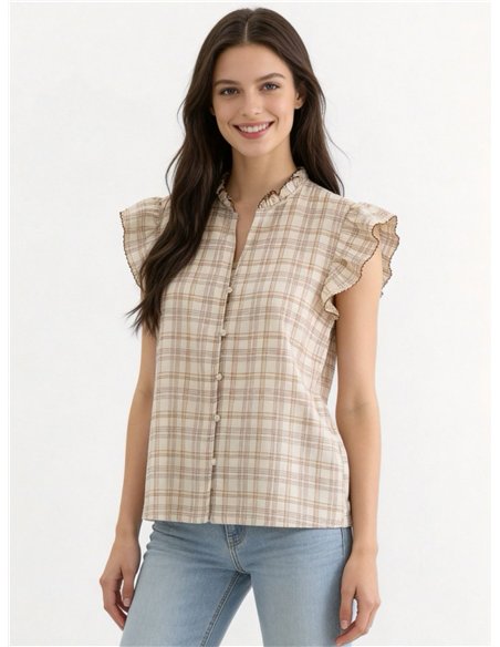 Checked ruffle sleeve blouse