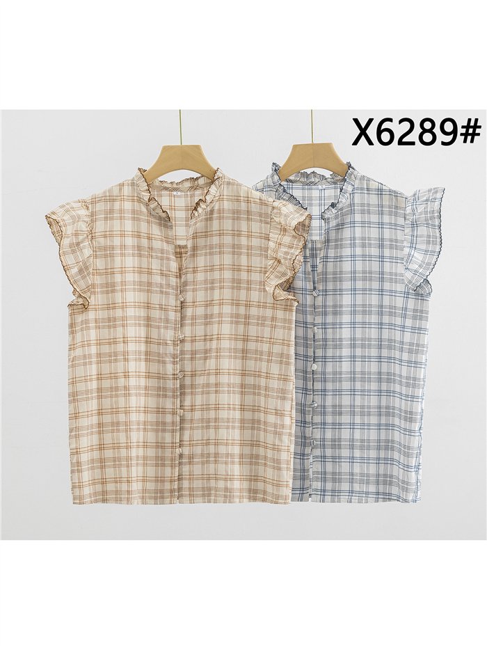 Checked ruffle sleeve blouse