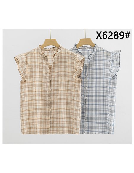 Checked ruffle sleeve blouse
