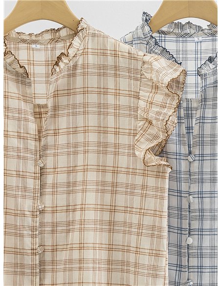 Checked ruffle sleeve blouse