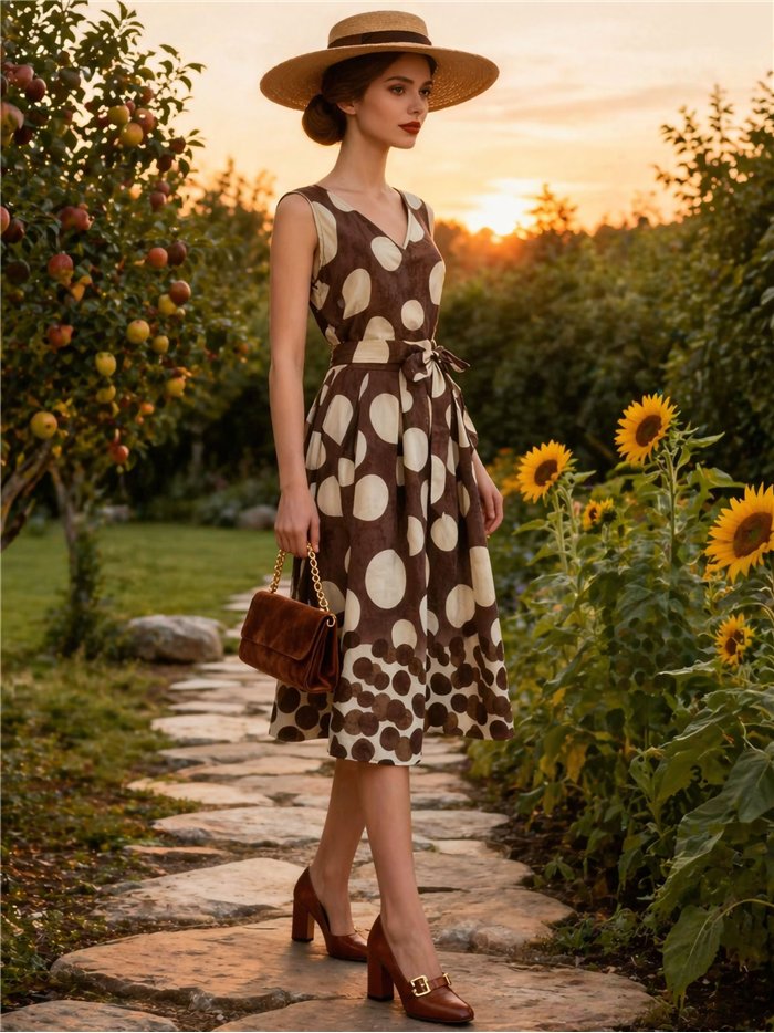 Conjunto top lunares y falda midi con lazada