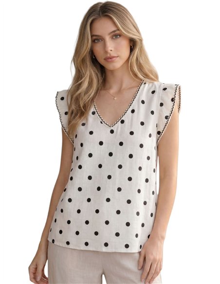 Leinenbluse mit Polka-Dots und Rüschen