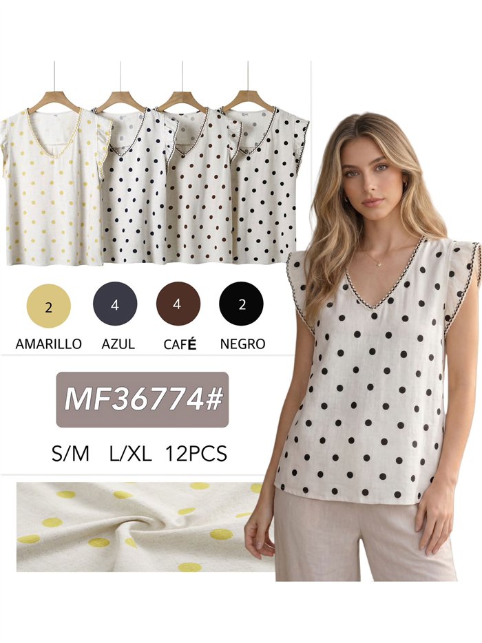 Leinenbluse mit Polka-Dots und Rüschen