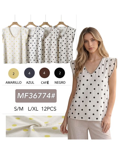 Leinenbluse mit Polka-Dots und Rüschen