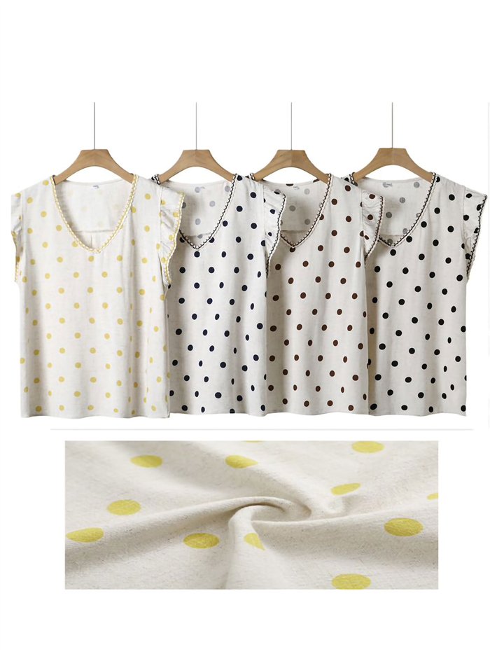 Leinenbluse mit Polka-Dots und Rüschen