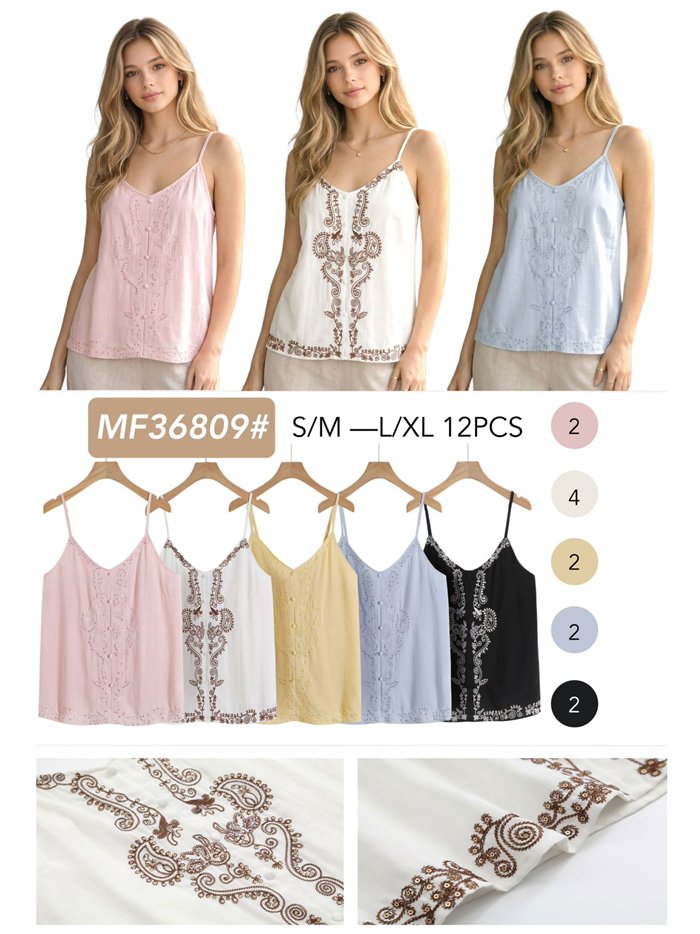 Top lino de tirantes bordado con lentejuelas