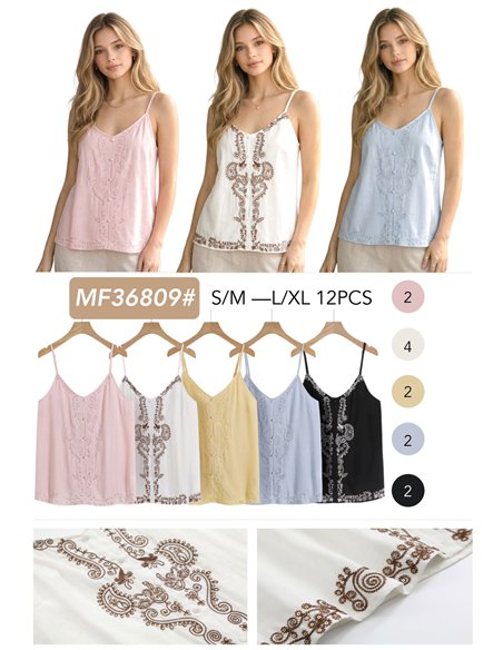 Top lino de tirantes bordado con lentejuelas