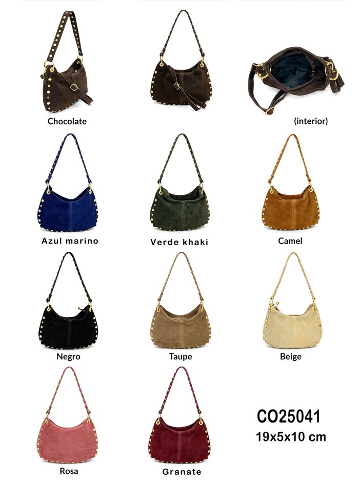 Bolso hobo piel serraje con tachas