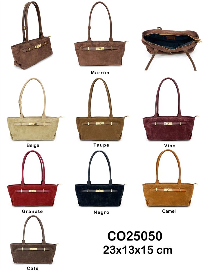 Borsa shopper in pelle scamosciata con dettagli in metallo.