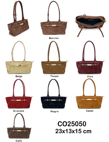 Borsa shopper in pelle scamosciata con dettagli in metallo.