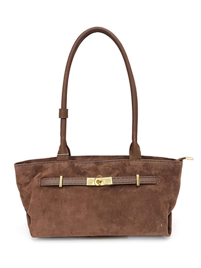 Borsa shopper in pelle scamosciata con dettagli in metallo.