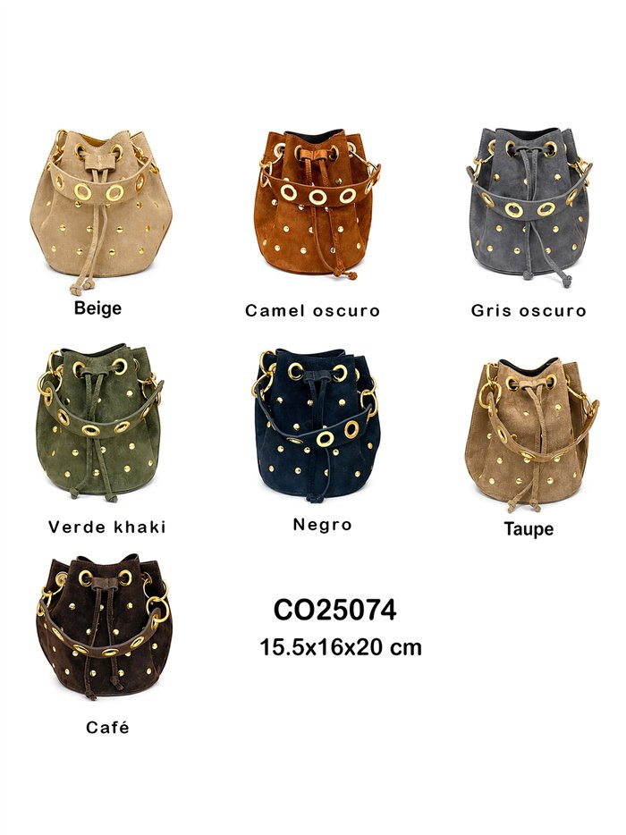 Suede bucket bag with gold eyelets
