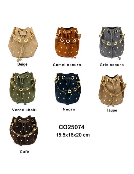 Suede bucket bag with gold eyelets