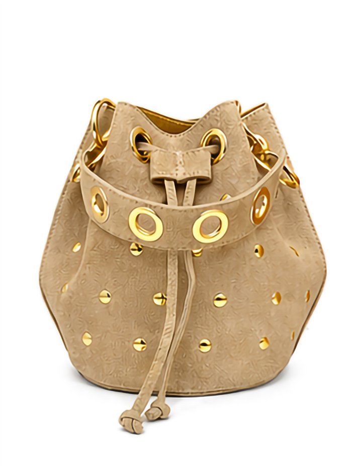 Suede bucket bag with gold eyelets