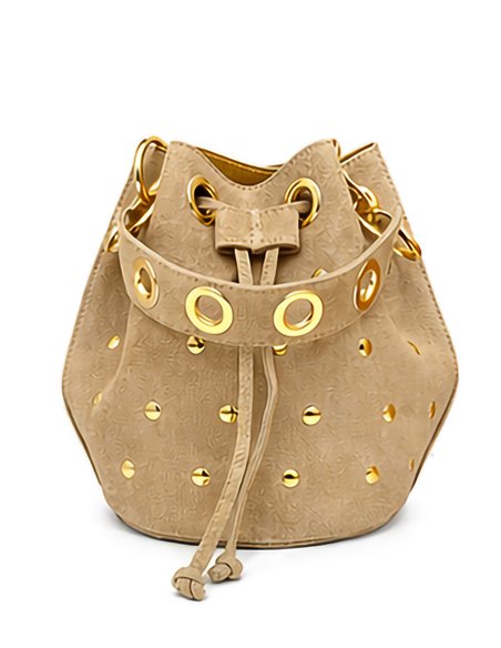 Suede bucket bag with gold eyelets